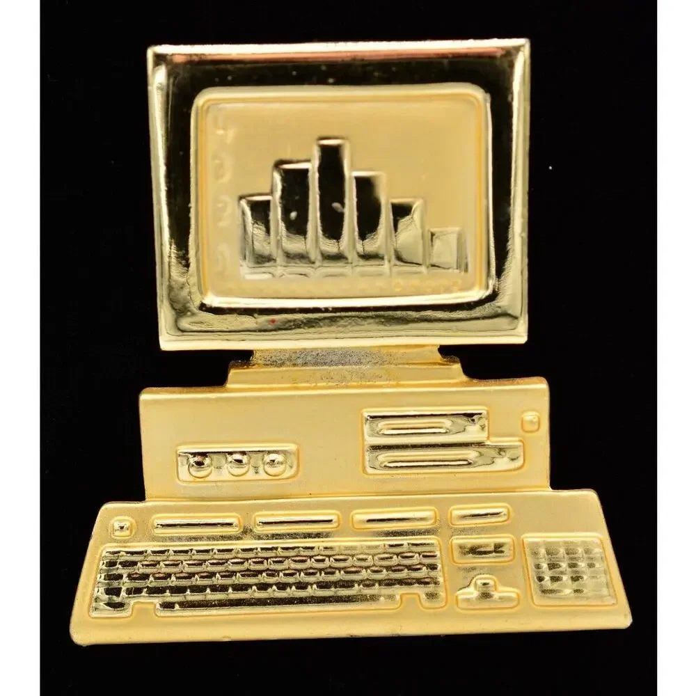AJC Vintage Computer Pin Brooch Desktop Charts Graphs Signed NOS 1980s BinA10